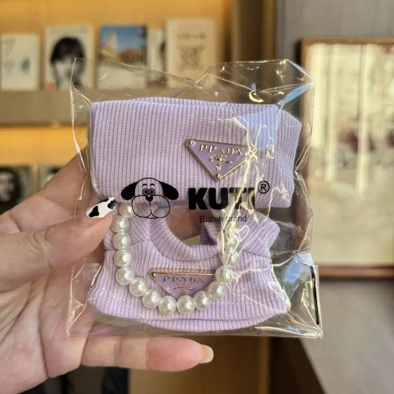 Compatible con muñecas Labubu: Conjunto de punto con gorro y collar de perlas
