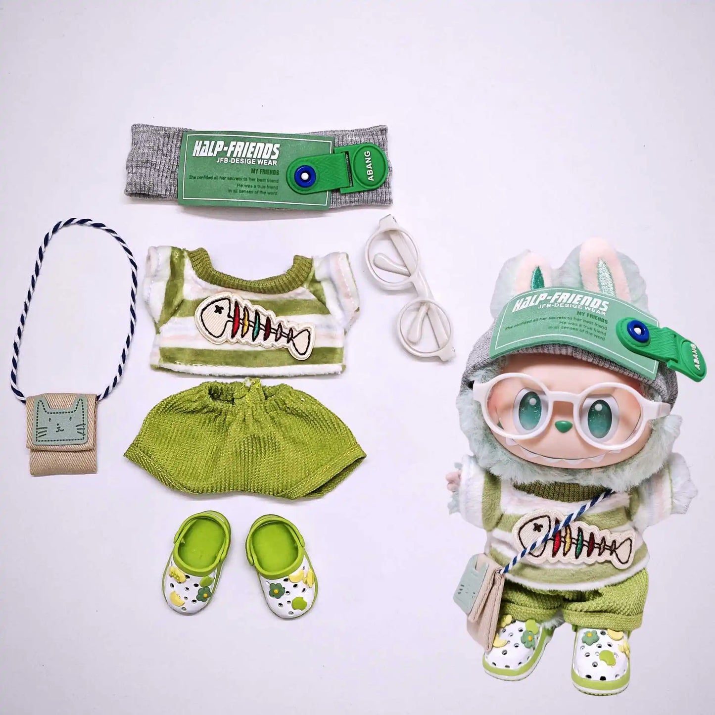 Compatible con el conjunto de ropa para muñecas Labubu, conjunto verde bebé.
