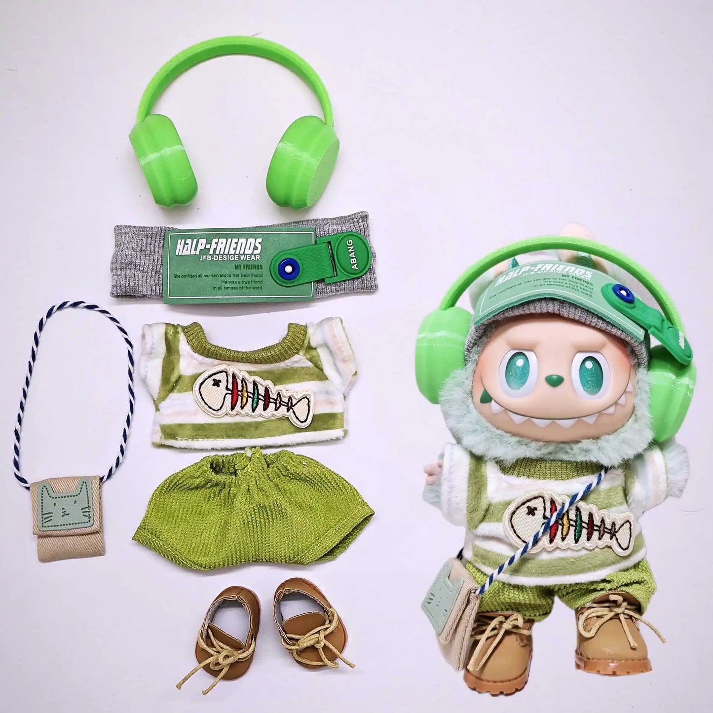 Compatible con el conjunto de ropa para muñecas Labubu, conjunto verde bebé.