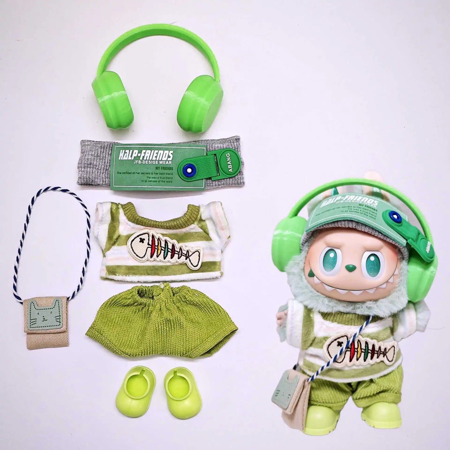 Compatible con el conjunto de ropa para muñecas Labubu, conjunto verde bebé.