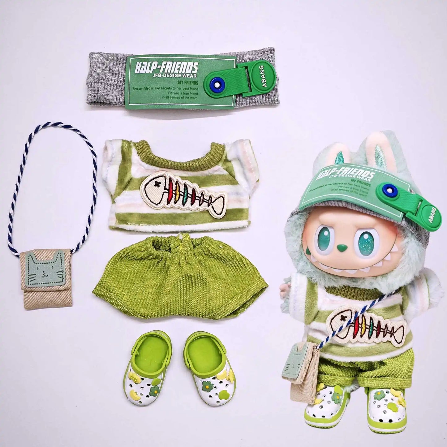 Compatible con el conjunto de ropa para muñecas Labubu, conjunto verde bebé.