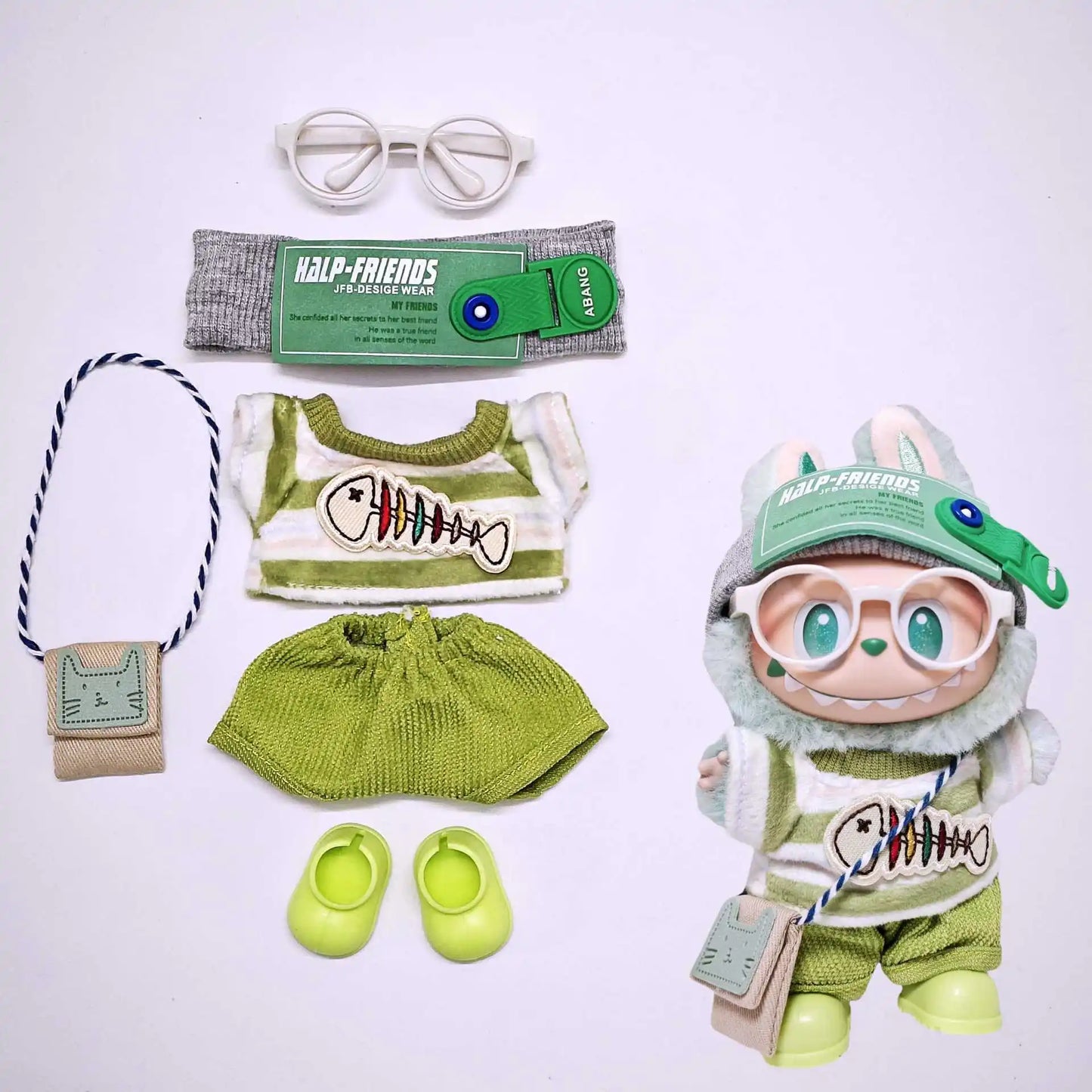 Compatible con el conjunto de ropa para muñecas Labubu, conjunto verde bebé.