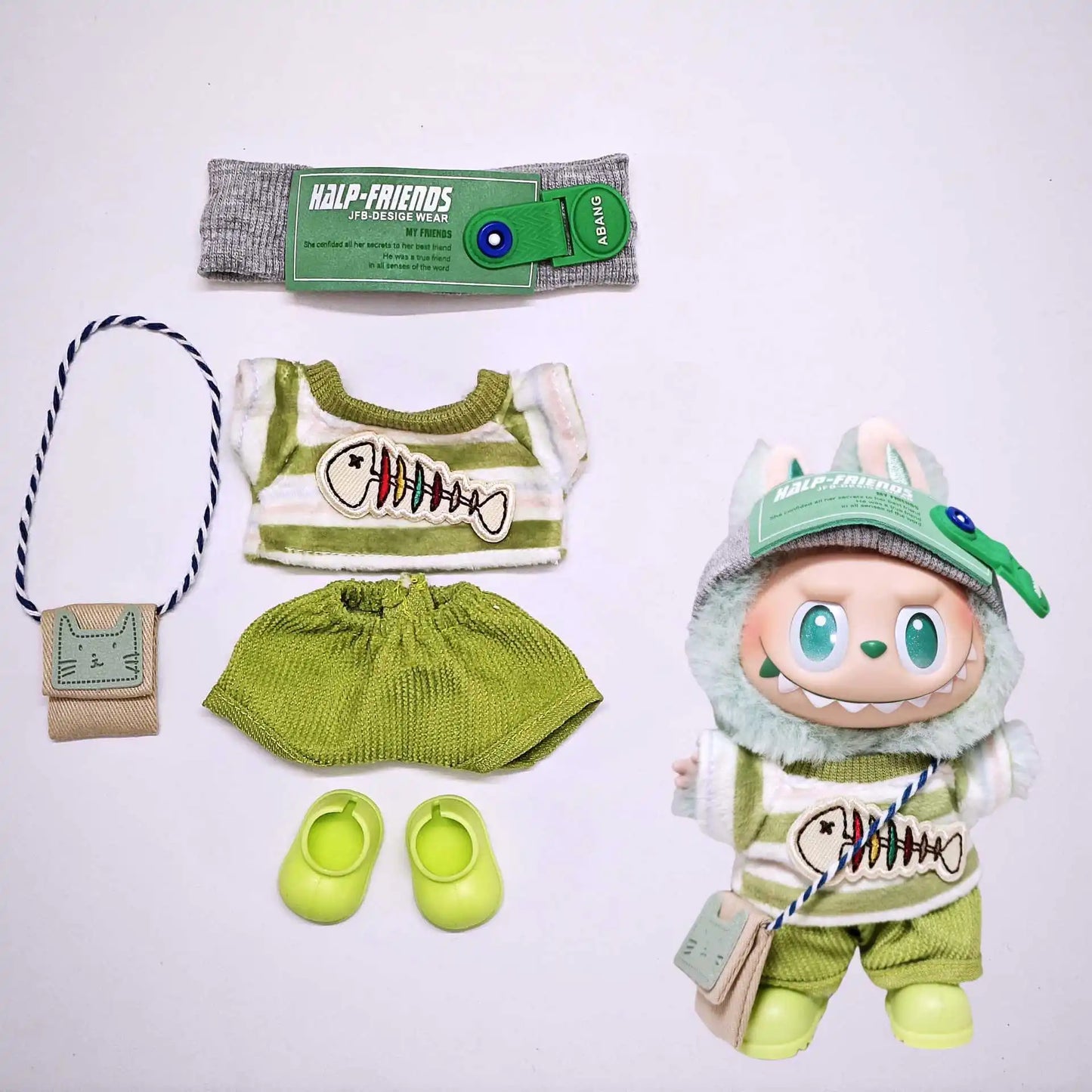 Compatible con el conjunto de ropa para muñecas Labubu, conjunto verde bebé.